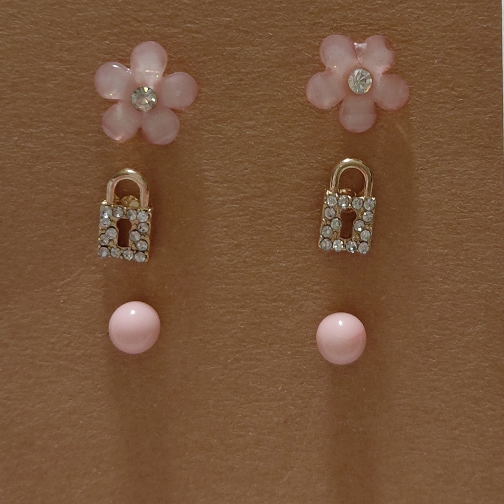 New No Boundaries Pink Floral, Rhinestone Lock & Pink Ball 3-Pair Earring Set